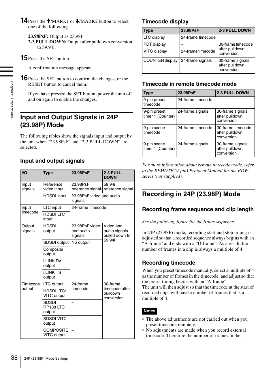 Input and output signals in 24p (23.98p) mode, Recording in 24p (23.98p) mode, Recording frame sequence and clip length | Recording timecode | Sony 3-270-589-12 (1) User Manual | Page 38 / 135