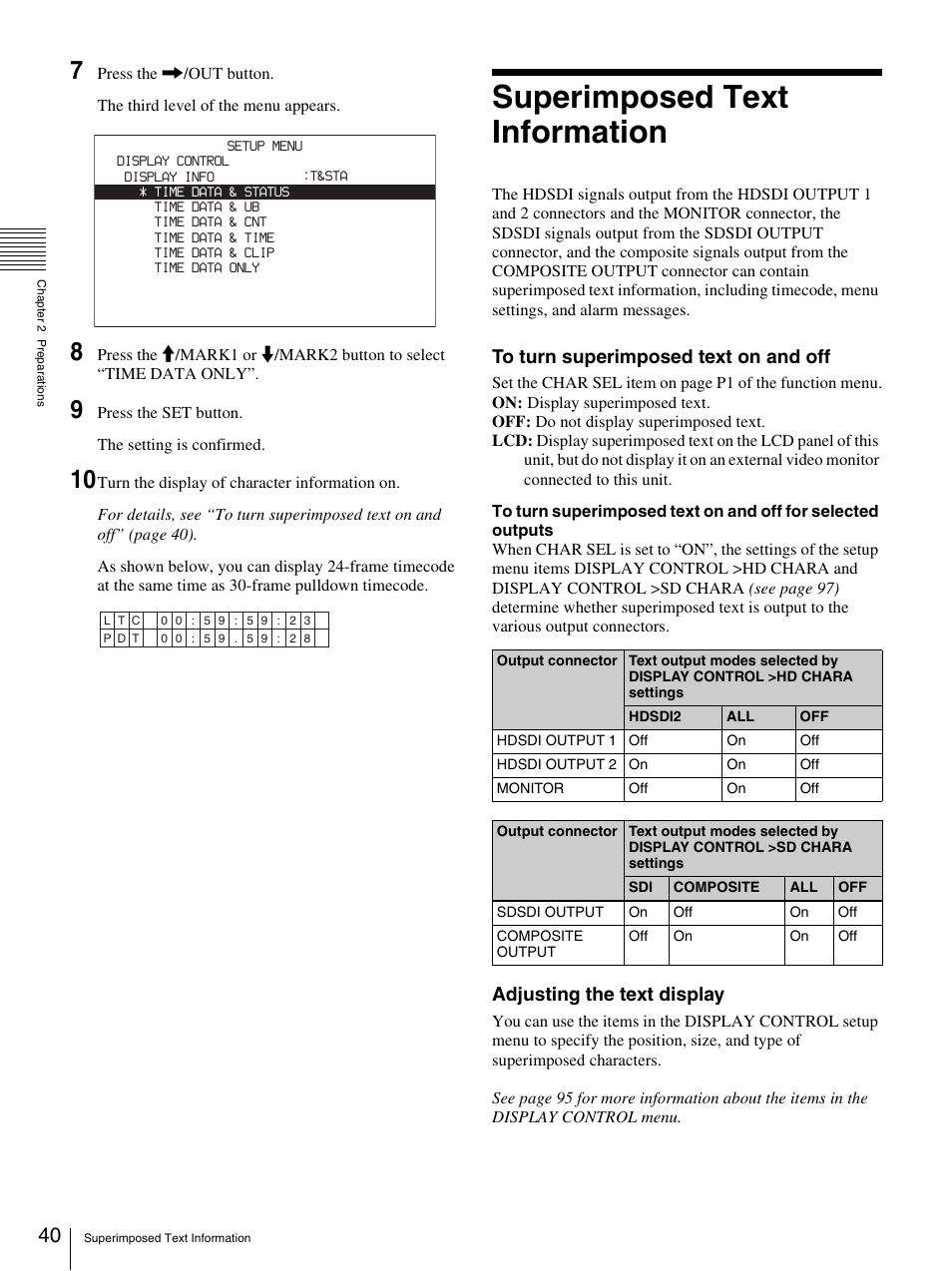 Superimposed text information, Adjusting the text display | Sony 3-270-589-12 (1) User Manual | Page 40 / 135