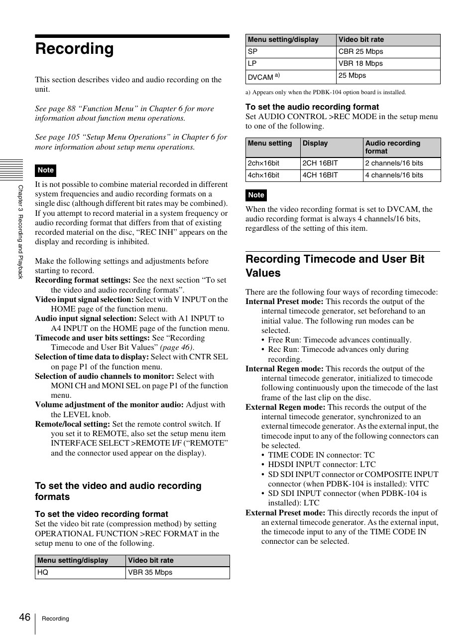 Recording, Recording timecode and user bit values | Sony 3-270-589-12 (1) User Manual | Page 46 / 135