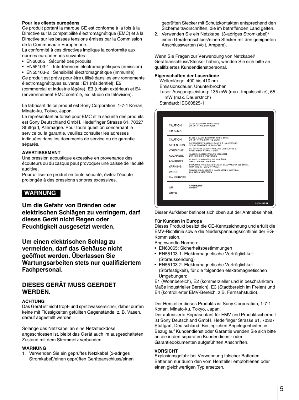 Warnung | Sony 3-270-589-12 (1) User Manual | Page 5 / 135