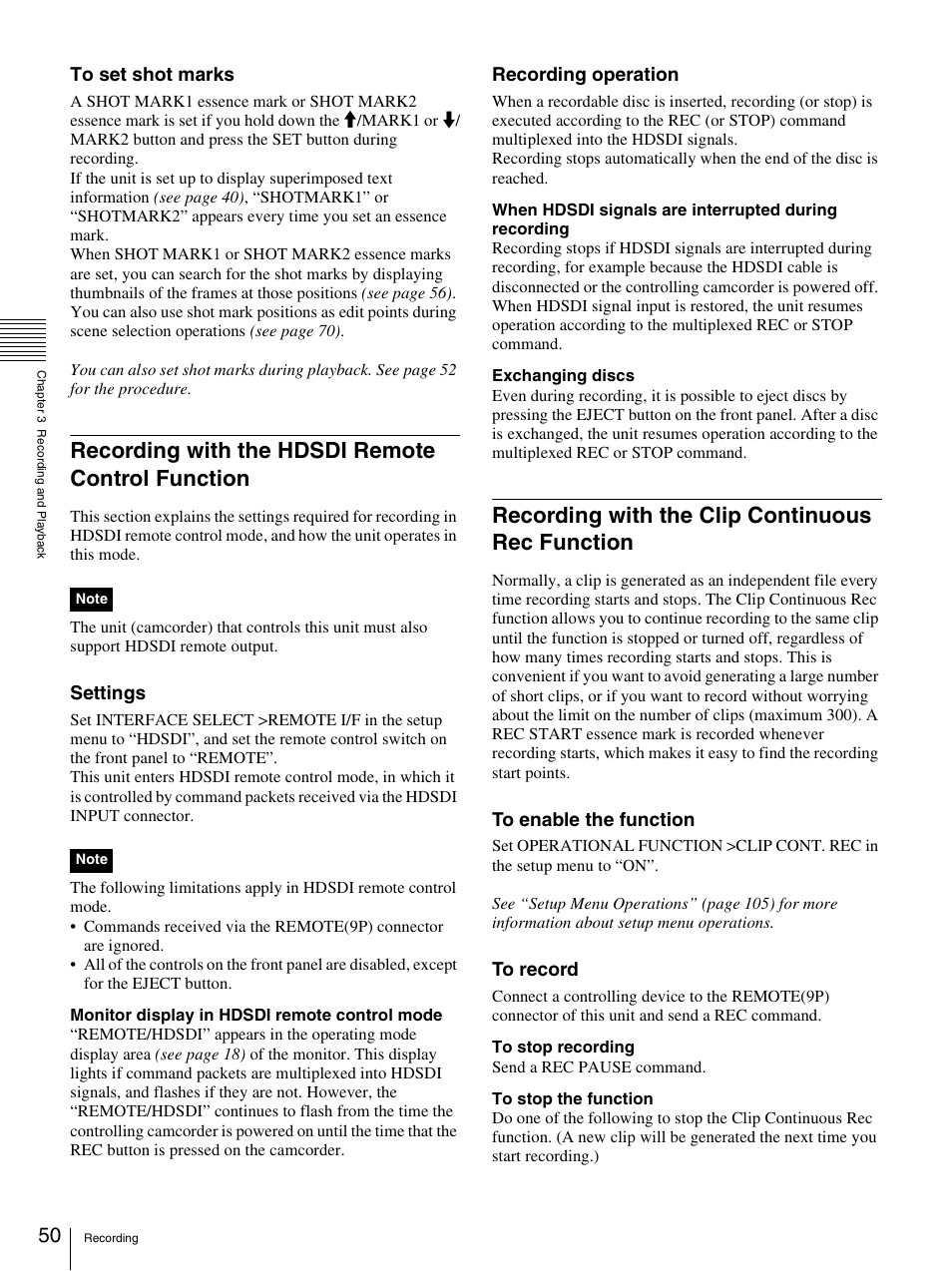 Recording with the hdsdi remote control function, Recording with the clip continuous rec function, Settings | Recording operation | Sony 3-270-589-12 (1) User Manual | Page 50 / 135