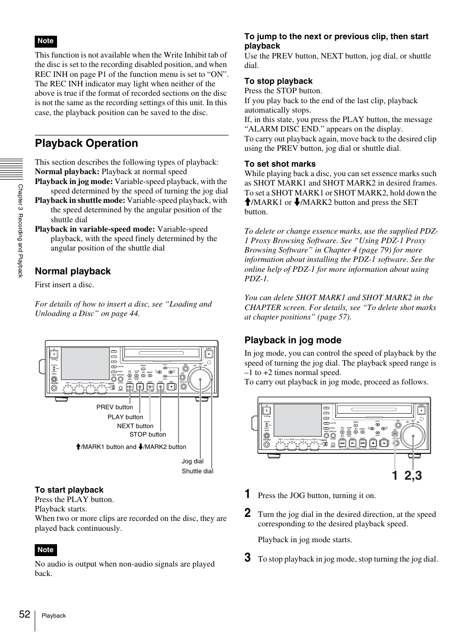 Playback operation, Normal playback, Playback in jog mode | Press the jog button, turning it on, Playback ch apt er 3 rec o rdi ng and p la y bac k | Sony 3-270-589-12 (1) User Manual | Page 52 / 135