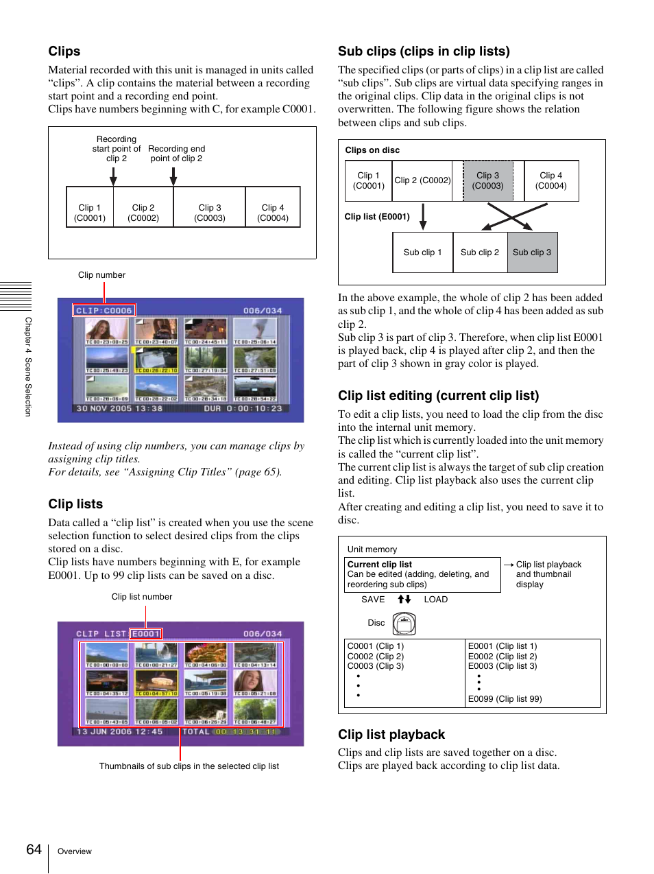 Clips, Clip lists, Sub clips (clips in clip lists) | Clip list editing (current clip list), Clip list playback | Sony 3-270-589-12 (1) User Manual | Page 64 / 135