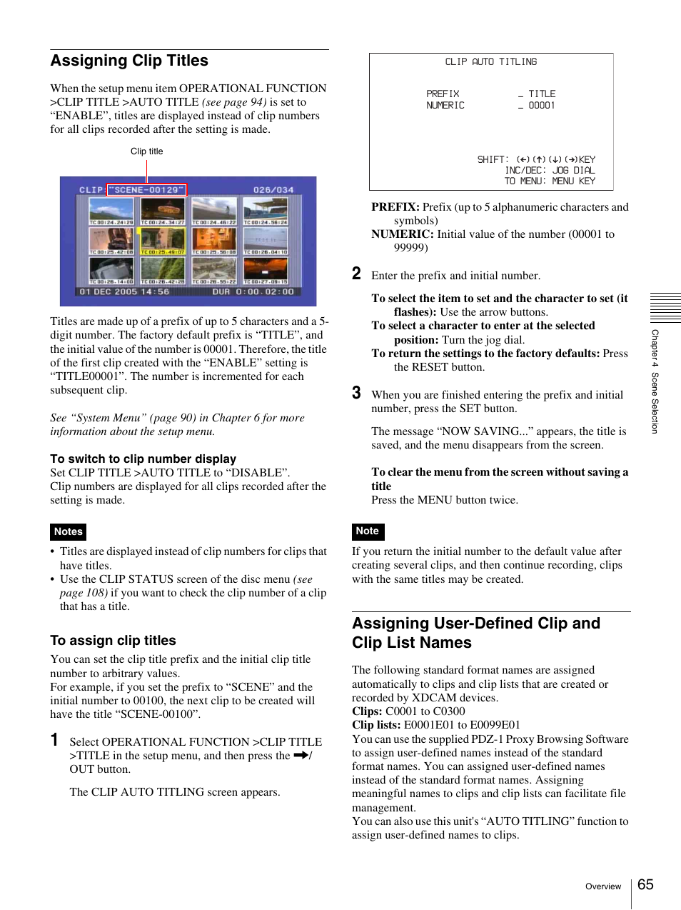 Assigning clip titles, Assigning user-defined clip and clip list names | Sony 3-270-589-12 (1) User Manual | Page 65 / 135