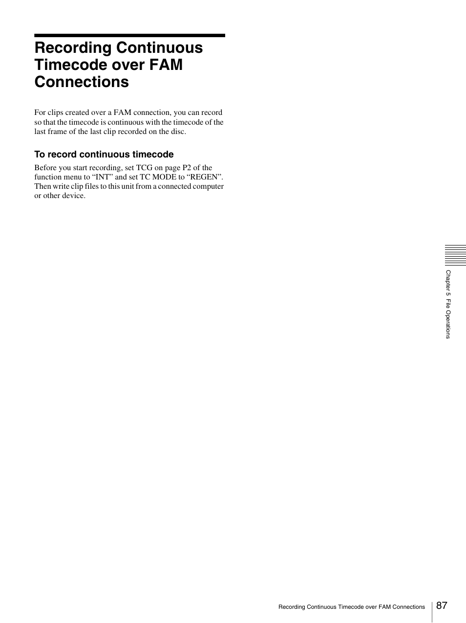 Recording continuous timecode over fam connections | Sony 3-270-589-12 (1) User Manual | Page 87 / 135