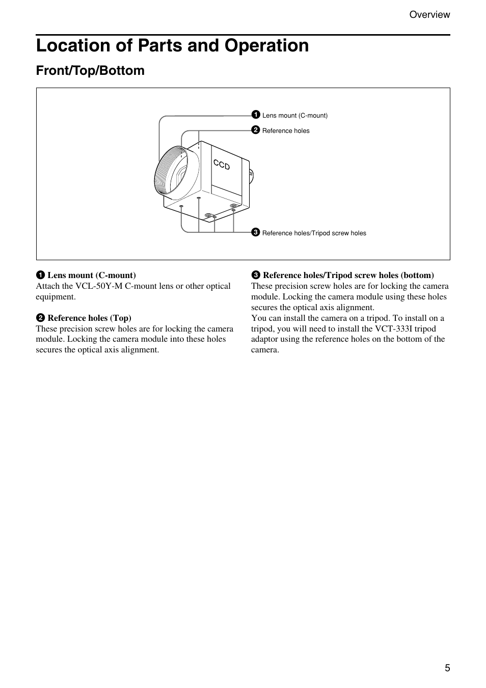 Location of parts and operation, Front/top/bottom | Sony XC-EU50 User Manual | Page 5 / 27