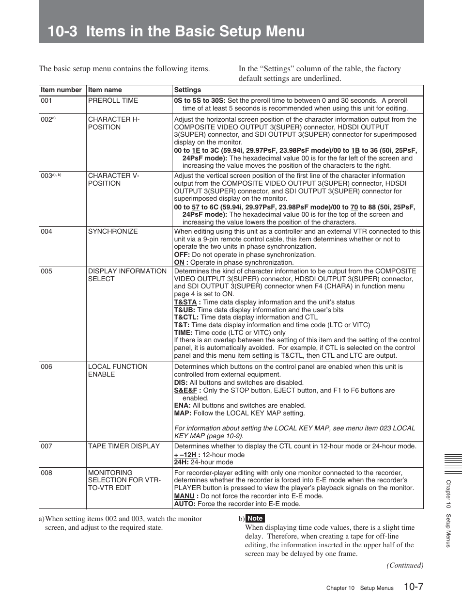 3 items in the basic setup menu | Sony HDW-D2000 User Manual | Page 104 / 147