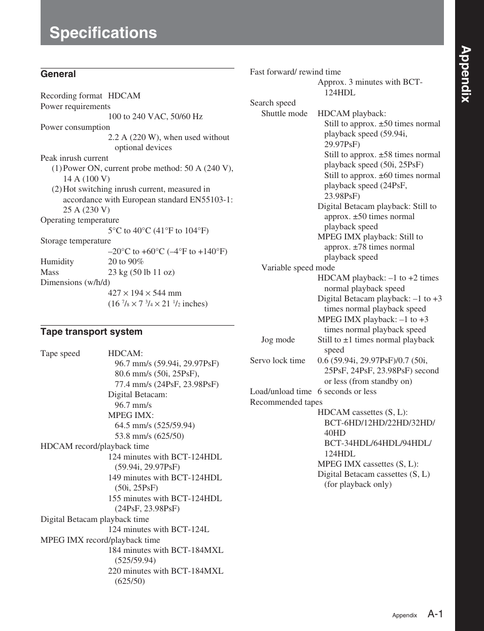 Appendix, Specifications | Sony HDW-D2000 User Manual | Page 137 / 147