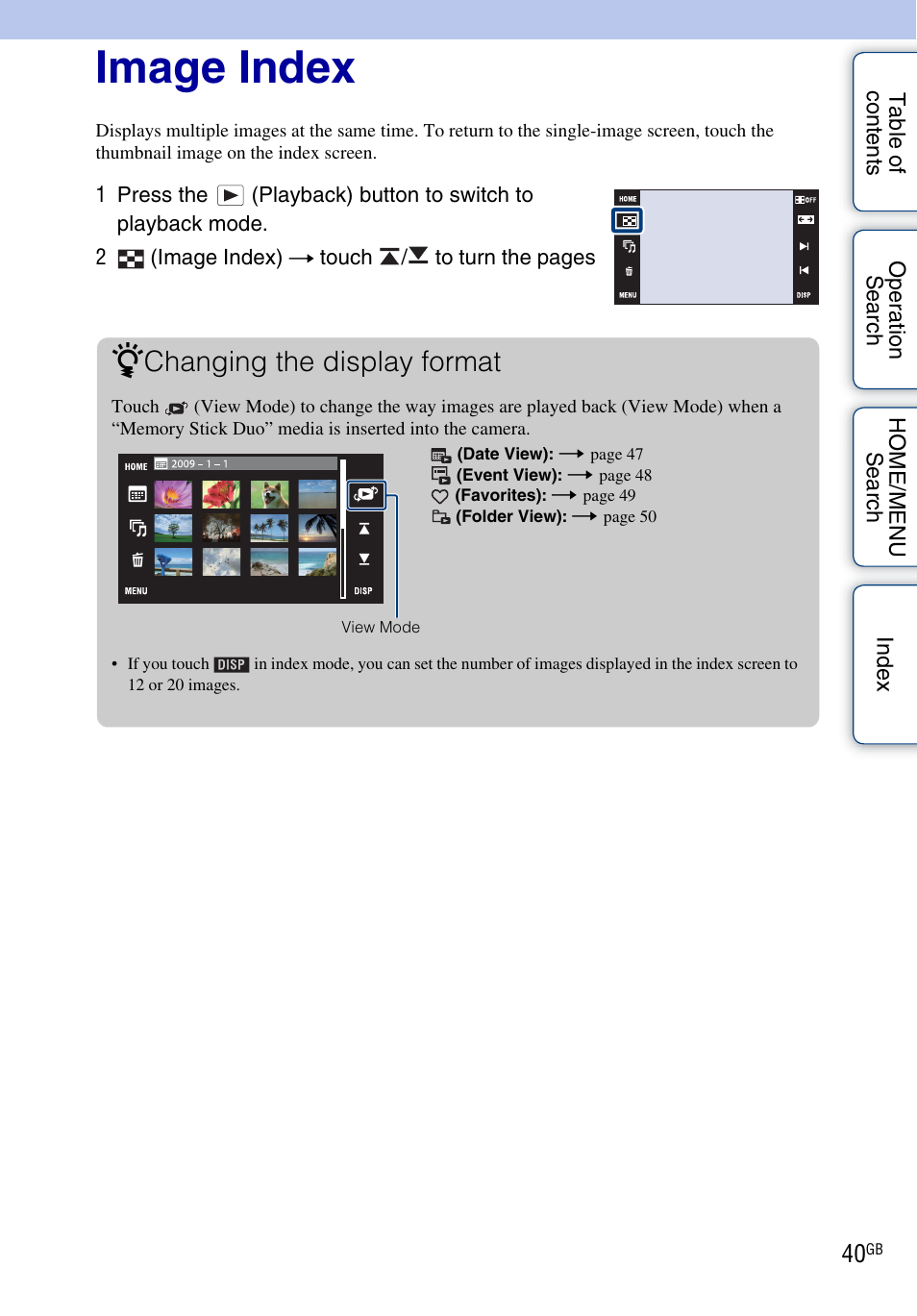 Image index, Changing the display format | Sony Cyber-shot 4-130-938-12(1) User Manual | Page 40 / 170
