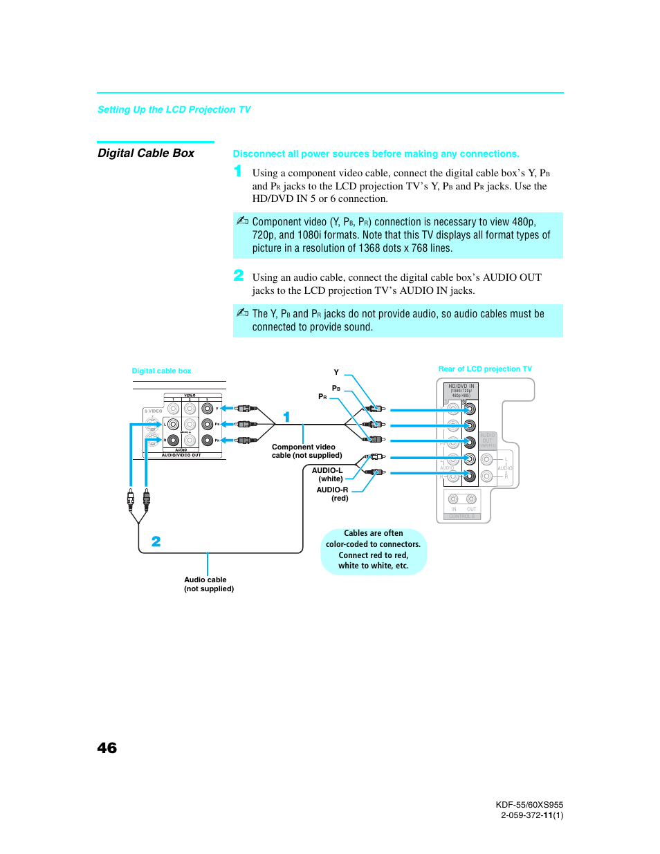 Digital cable box, And p, Jacks to the lcd projection tv’s y, p | Jacks. use the hd/dvd in 5 or 6 connection, Component video (y, p, The y, p | Sony GRAND WEGA KDF-55XS955 User Manual | Page 46 / 129