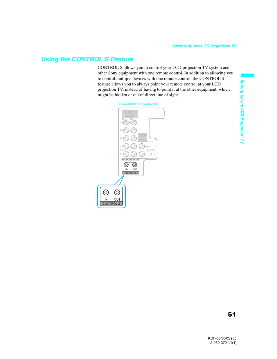 Using the control s feature, Setting up the lcd projection tv, Se tting up the lcd pr ojec tion tv | Sony GRAND WEGA KDF-55XS955 User Manual | Page 51 / 129