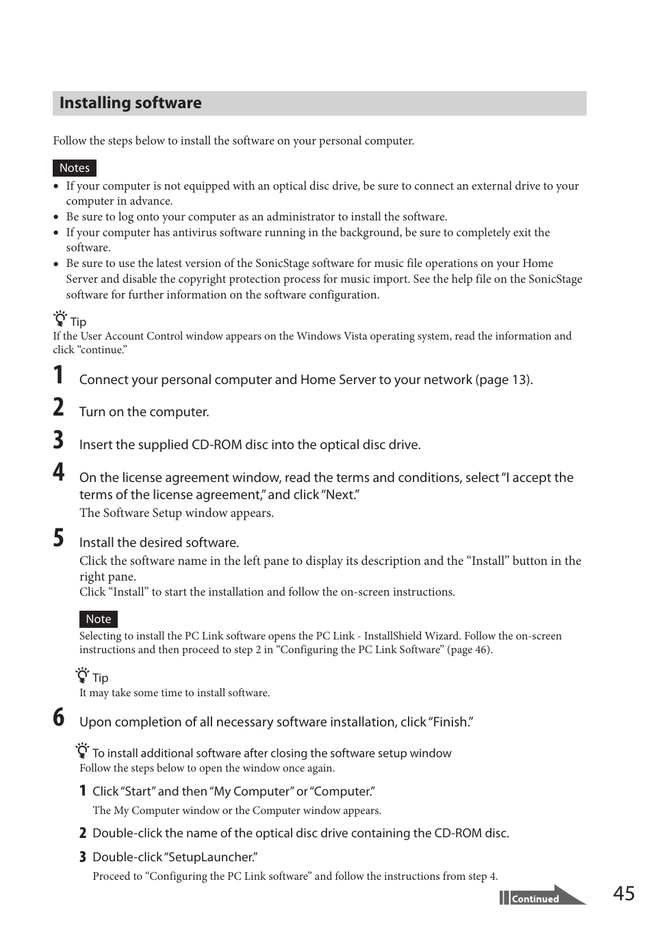 Installing software | Sony VAIO VGF-HS1 User Manual | Page 45 / 48