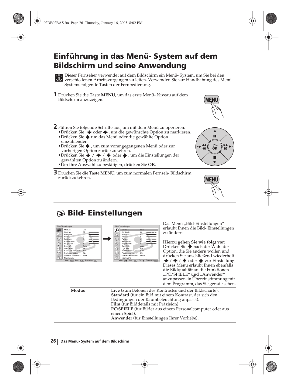 Bild- einstellungen, Menu | Sony WEGA KLV-30MR1 User Manual | Page 102 / 304