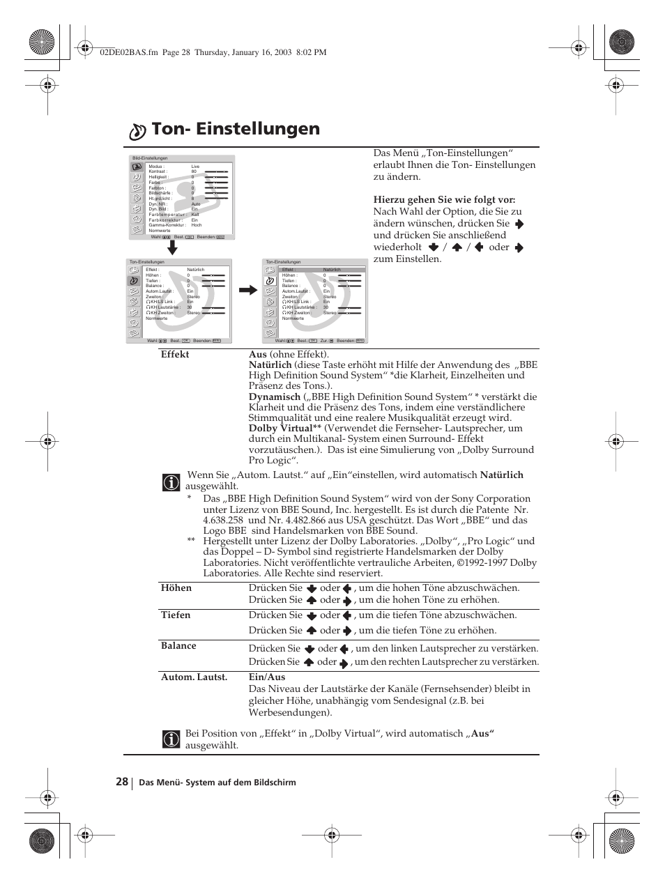 Ton- einstellungen | Sony WEGA KLV-30MR1 User Manual | Page 104 / 304