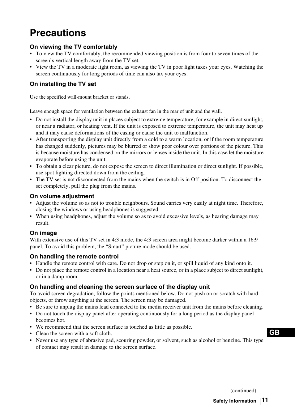 Precautions | Sony WEGA KLV-30MR1 User Manual | Page 11 / 304