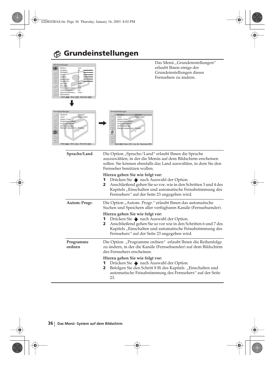 Grundeinstellungen | Sony WEGA KLV-30MR1 User Manual | Page 112 / 304