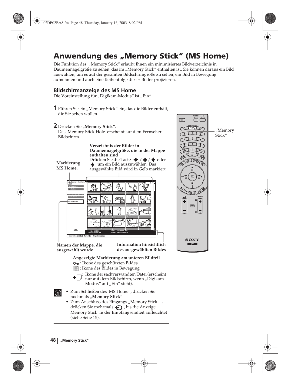 Anwendung des „memory stick“ (ms home), Bildschirmanzeige des ms home | Sony WEGA KLV-30MR1 User Manual | Page 124 / 304
