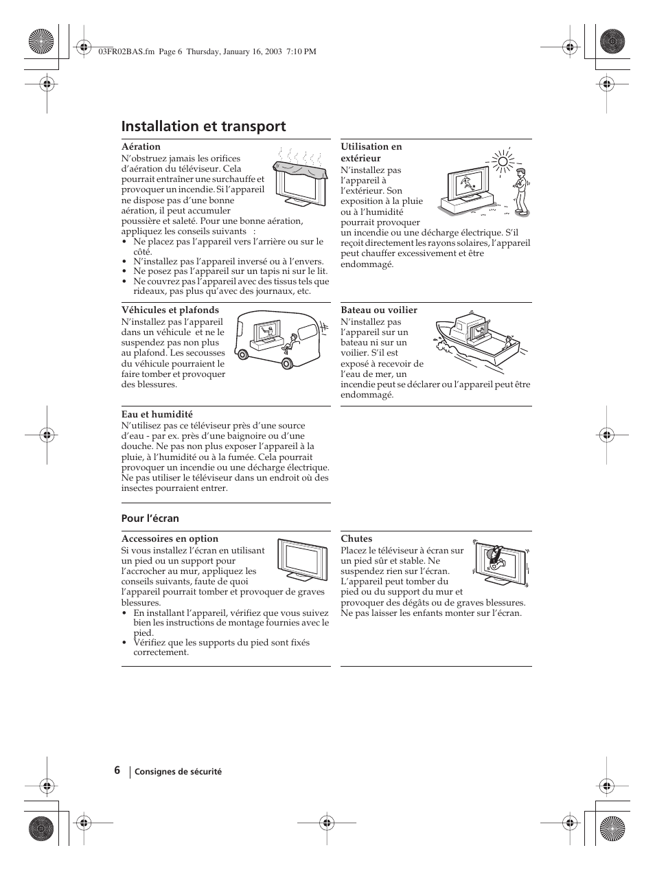 Installation et transport | Sony WEGA KLV-30MR1 User Manual | Page 156 / 304