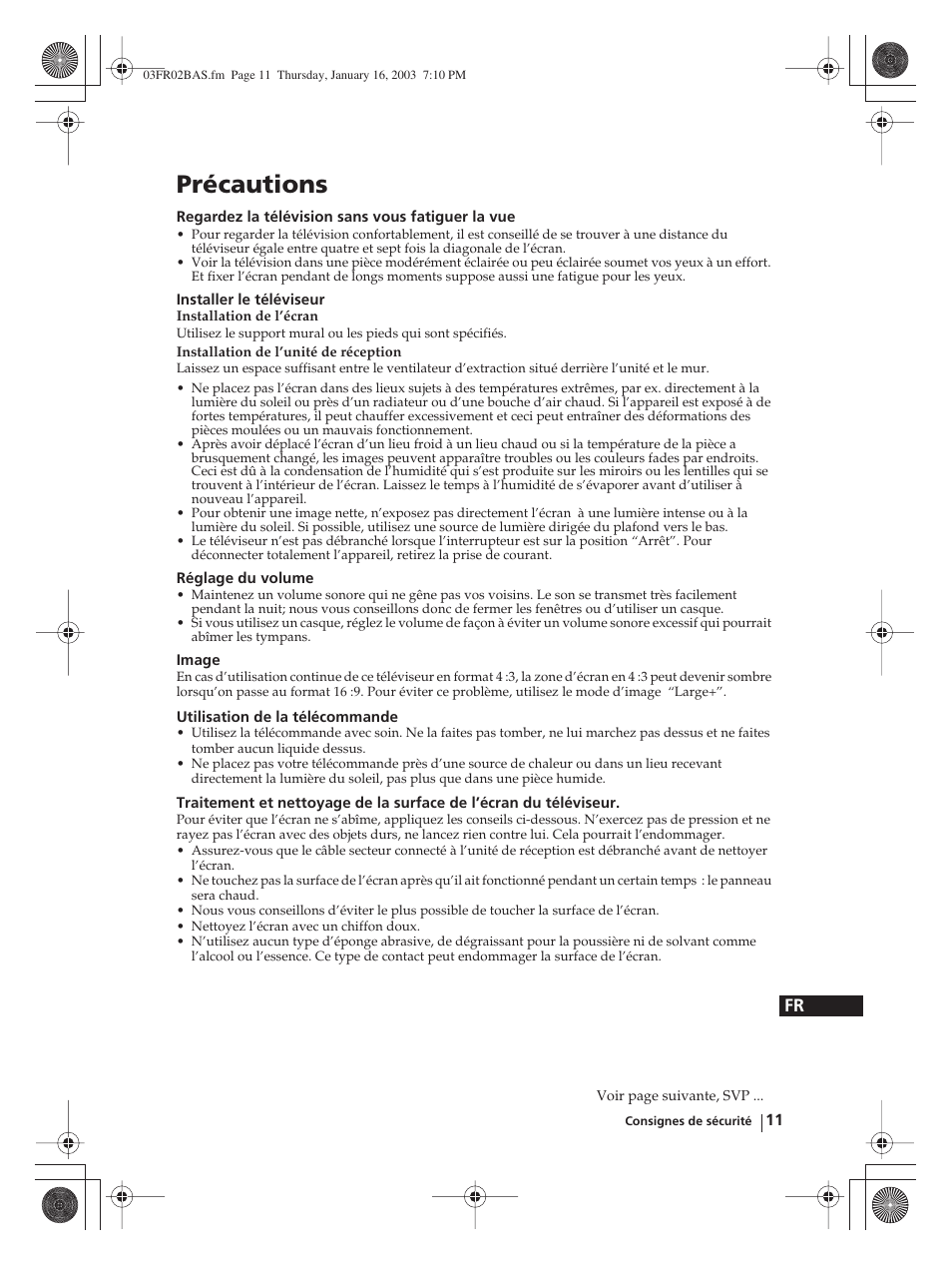 Précautions | Sony WEGA KLV-30MR1 User Manual | Page 161 / 304