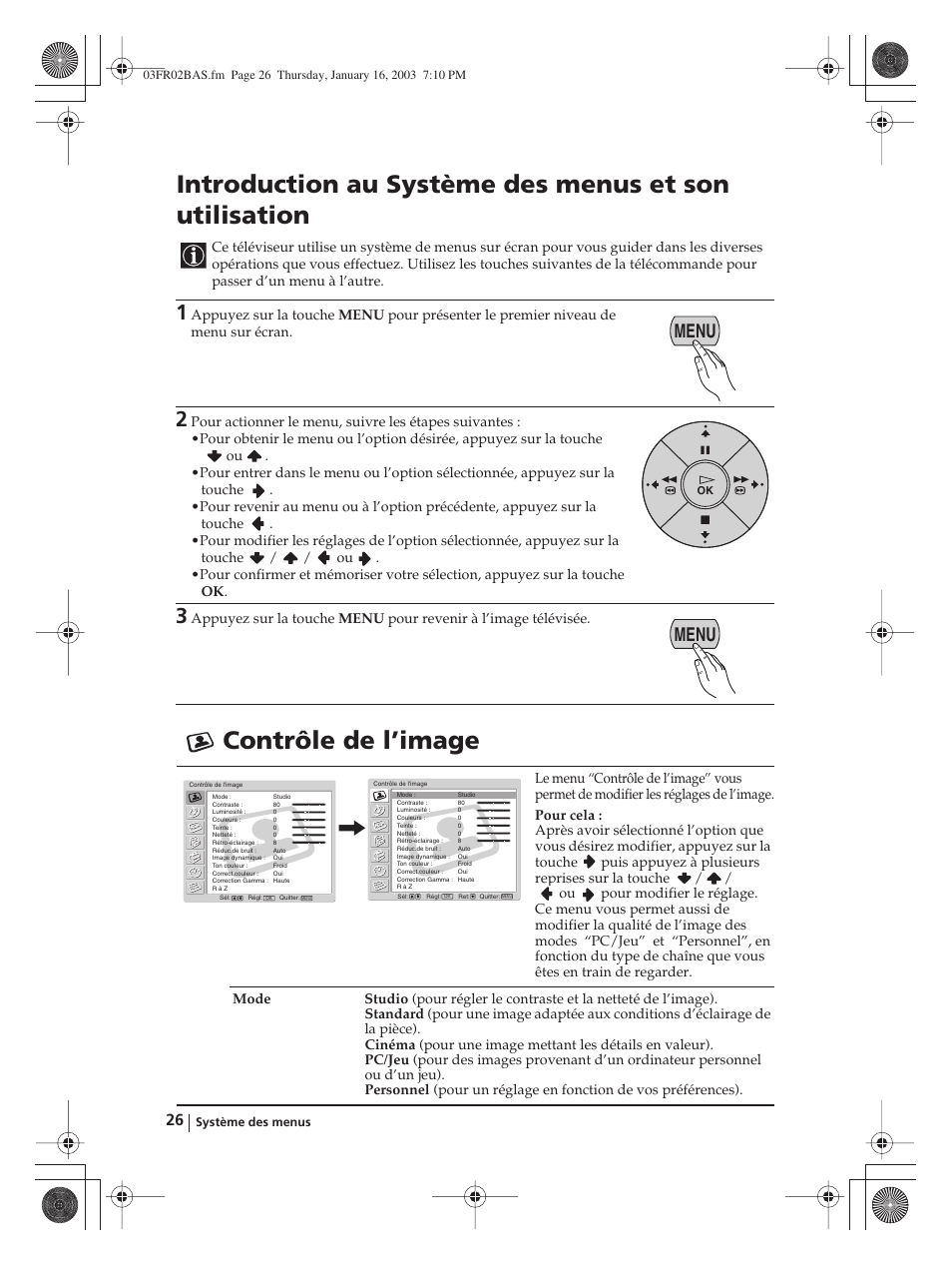 Contrôle de l’image, Menu | Sony WEGA KLV-30MR1 User Manual | Page 176 / 304