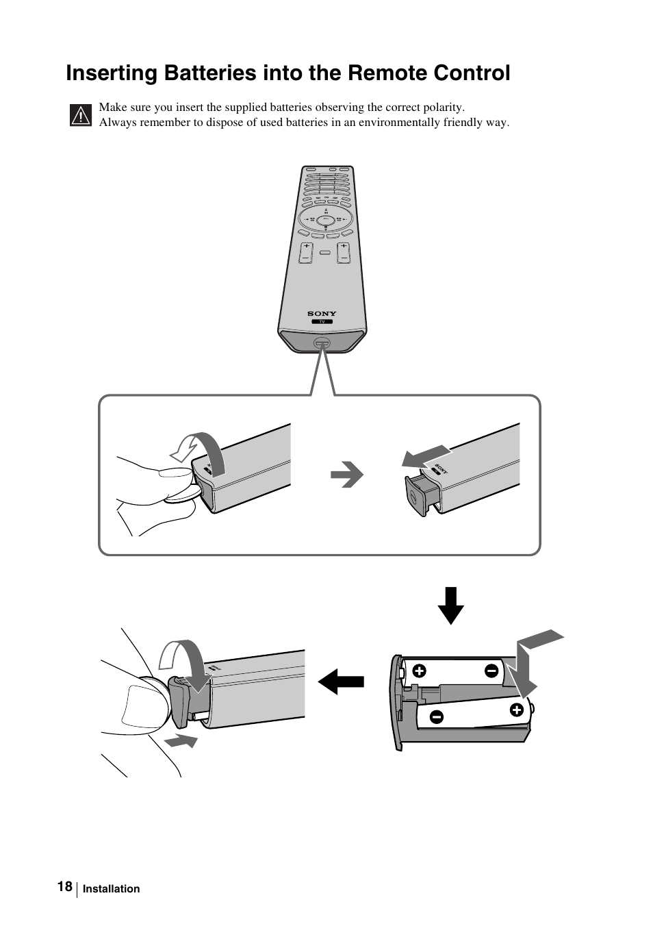 Inserting batteries into the remote control | Sony WEGA KLV-30MR1 User Manual | Page 18 / 304