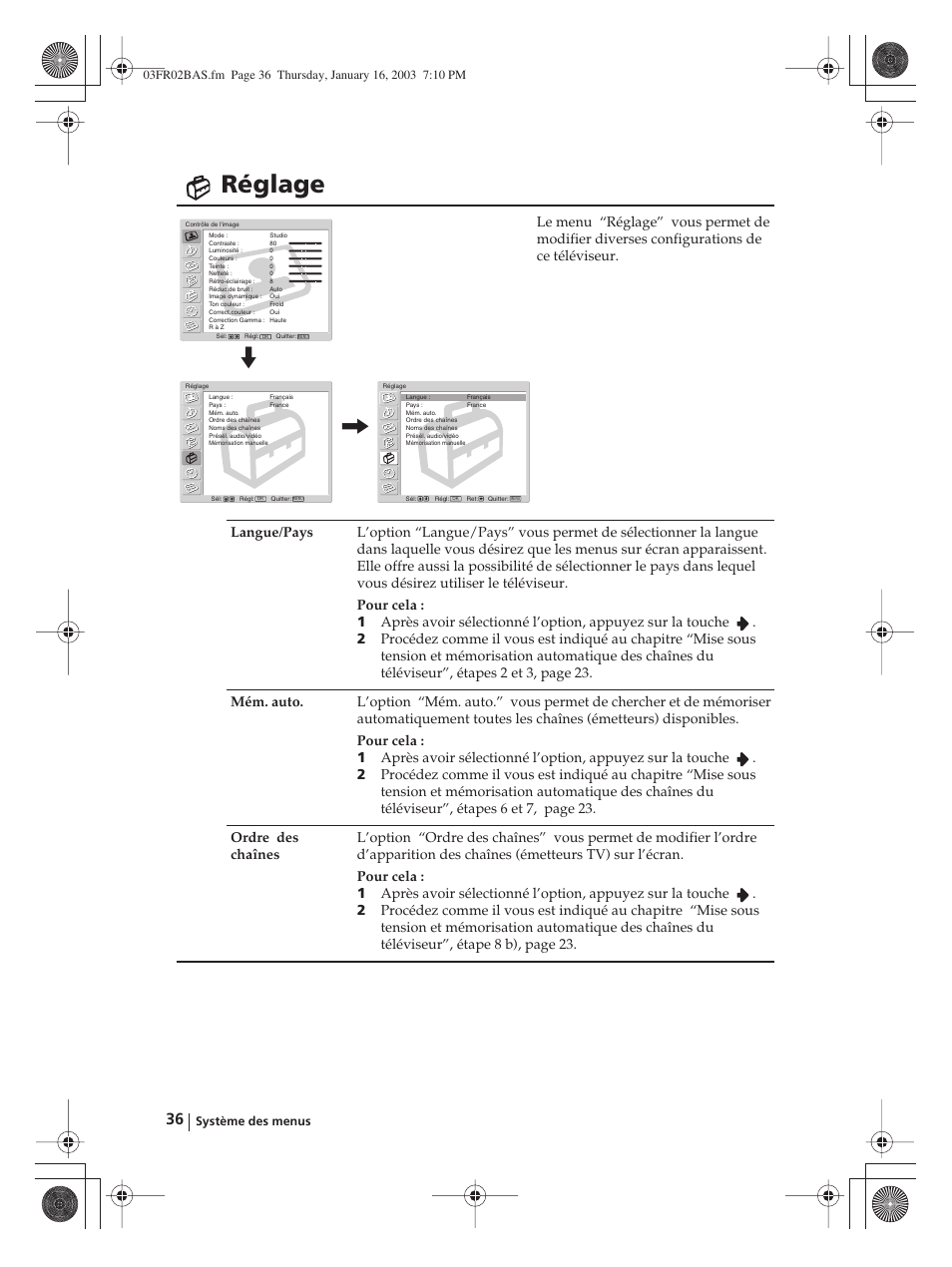 Réglage | Sony WEGA KLV-30MR1 User Manual | Page 186 / 304