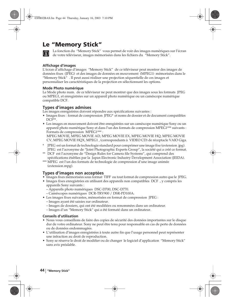 Le “memory stick | Sony WEGA KLV-30MR1 User Manual | Page 194 / 304