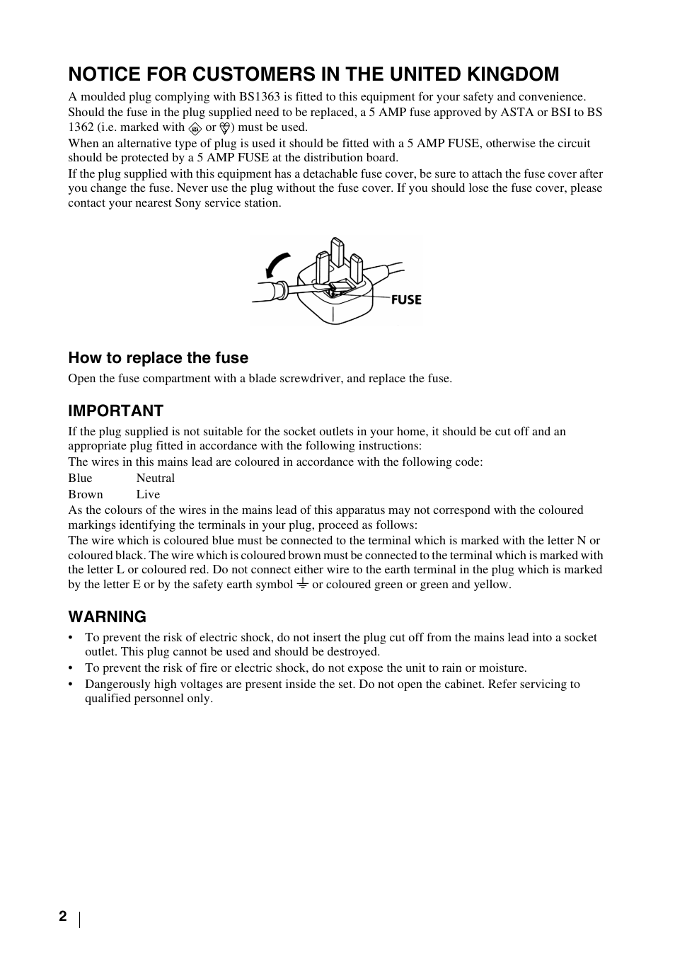 Notice for customers in the united kingdom, How to replace the fuse | Sony WEGA KLV-30MR1 User Manual | Page 2 / 304