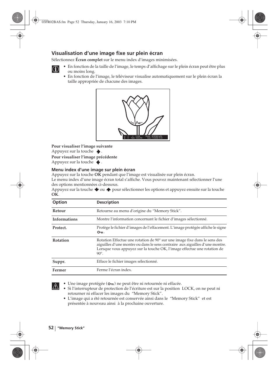 Visualisation d’une image fixe sur plein écran | Sony WEGA KLV-30MR1 User Manual | Page 202 / 304