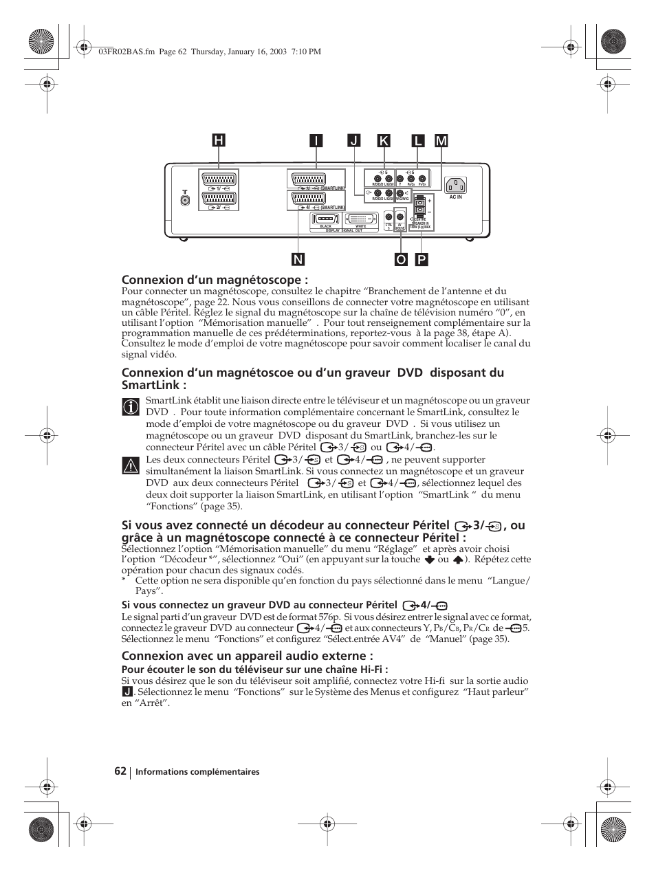Connexion d’un magnétoscope, Connexion avec un appareil audio externe | Sony WEGA KLV-30MR1 User Manual | Page 212 / 304