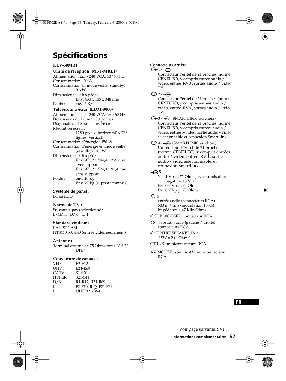 Spécifications | Sony WEGA KLV-30MR1 User Manual | Page 217 / 304
