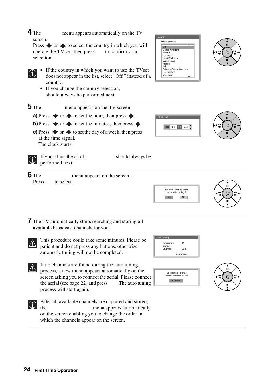 5 the clock set menu appears on the tv screen, A) press orto set the hour, then press, B) press orto set the minutes, then press | 6 the auto tuning menu appears on the screen | Sony WEGA KLV-30MR1 User Manual | Page 24 / 304