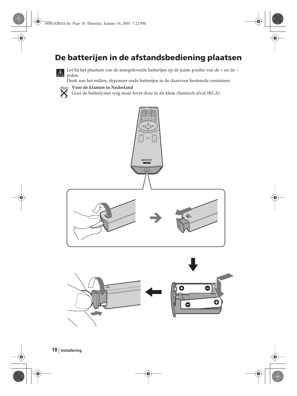 De batterijen in de afstandsbediening plaatsen | Sony WEGA KLV-30MR1 User Manual | Page 246 / 304