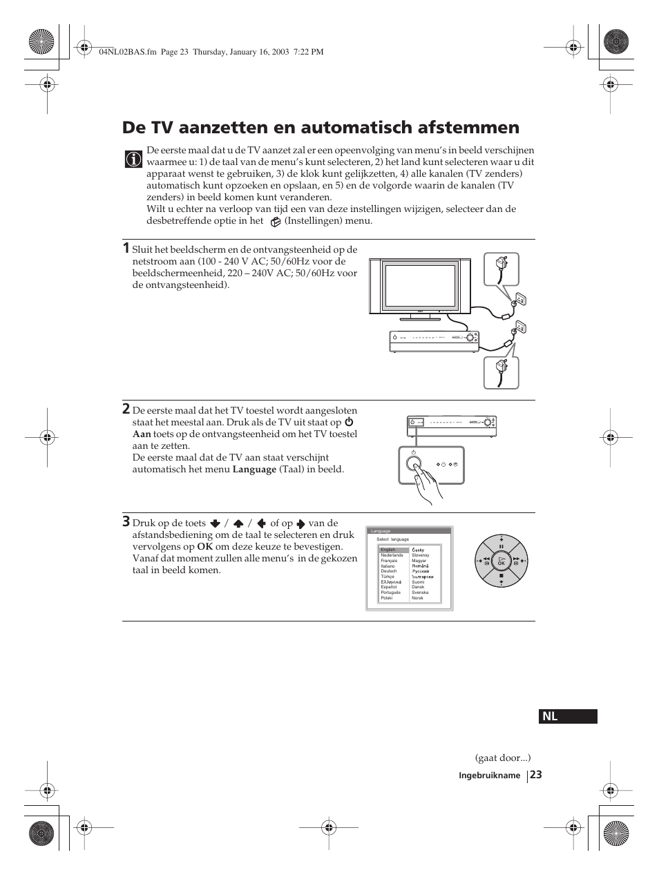 De tv aanzetten en automatisch afstemmen | Sony WEGA KLV-30MR1 User Manual | Page 251 / 304