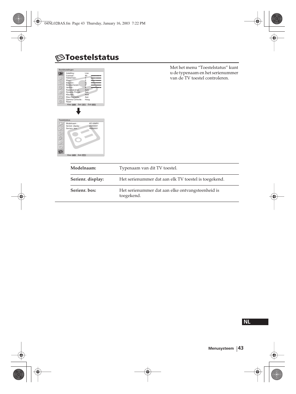 Toestelstatus | Sony WEGA KLV-30MR1 User Manual | Page 271 / 304