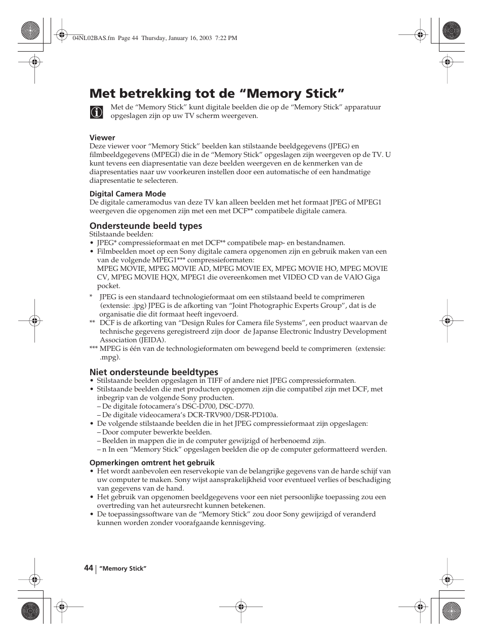 Met betrekking tot de “memory stick | Sony WEGA KLV-30MR1 User Manual | Page 272 / 304