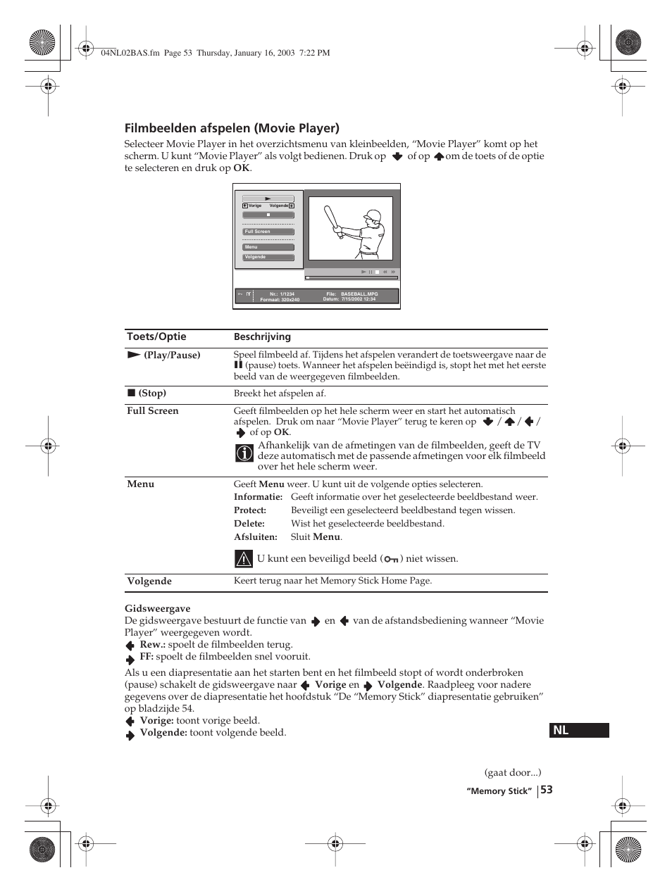 Nl filmbeelden afspelen (movie player) | Sony WEGA KLV-30MR1 User Manual | Page 281 / 304