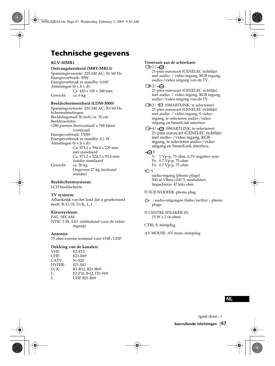 Technische gegevens | Sony WEGA KLV-30MR1 User Manual | Page 295 / 304