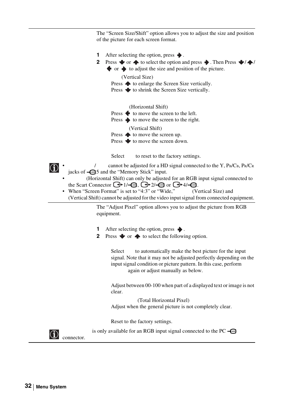 1 after selecting the option, press, 2 press or to select the following option | Sony WEGA KLV-30MR1 User Manual | Page 32 / 304