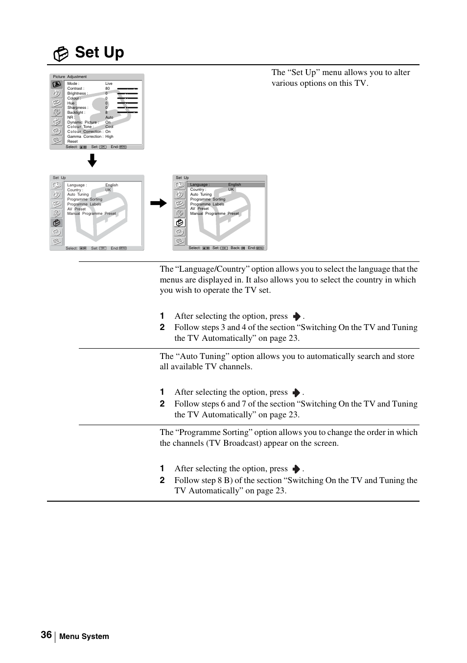 Set up, 1 after selecting the option, press | Sony WEGA KLV-30MR1 User Manual | Page 36 / 304