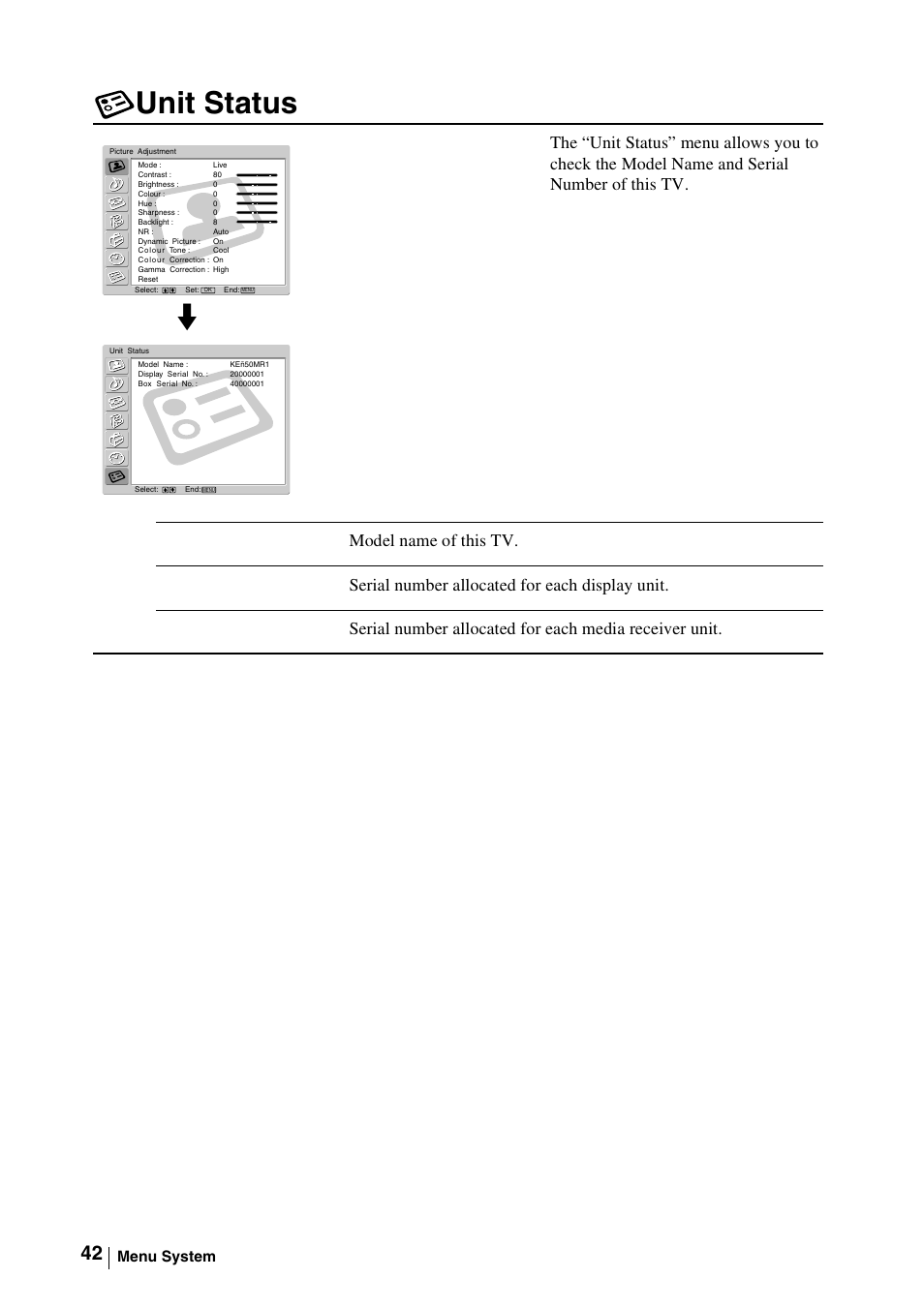 Unit status | Sony WEGA KLV-30MR1 User Manual | Page 42 / 304