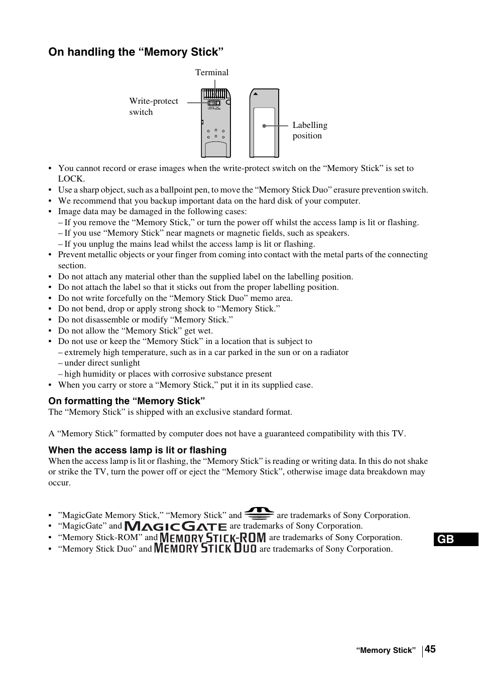 On handling the “memory stick | Sony WEGA KLV-30MR1 User Manual | Page 45 / 304
