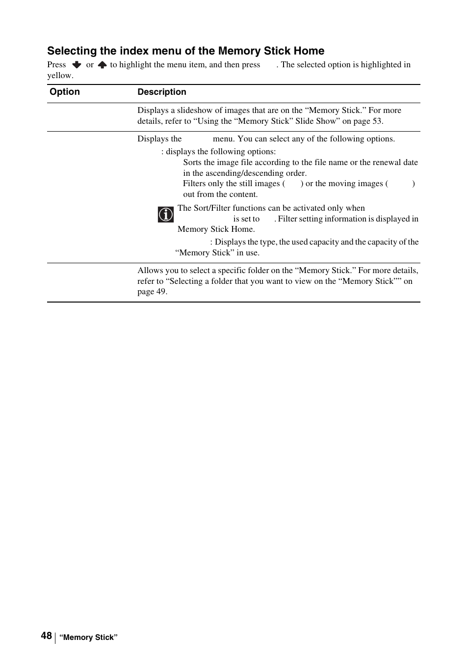 Selecting the index menu of the memory stick home | Sony WEGA KLV-30MR1 User Manual | Page 48 / 304