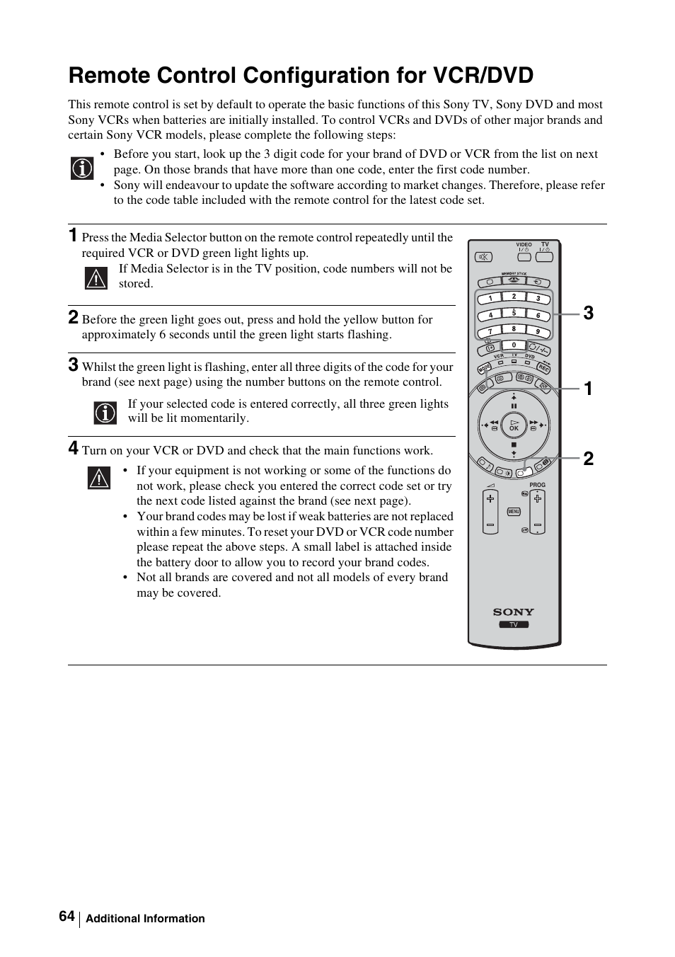Remote control configuration for vcr/dvd | Sony WEGA KLV-30MR1 User Manual | Page 64 / 304
