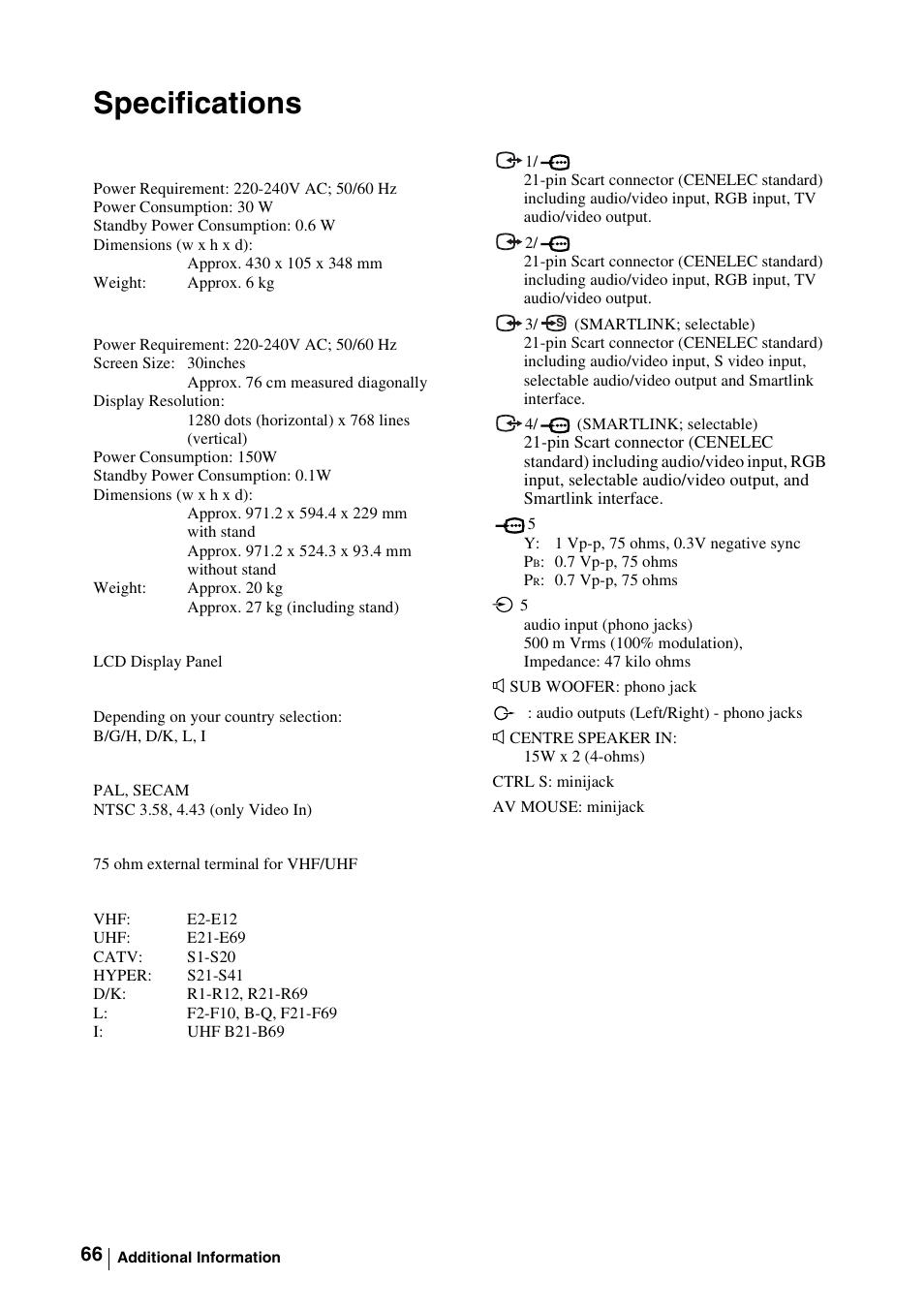 Specifications | Sony WEGA KLV-30MR1 User Manual | Page 66 / 304