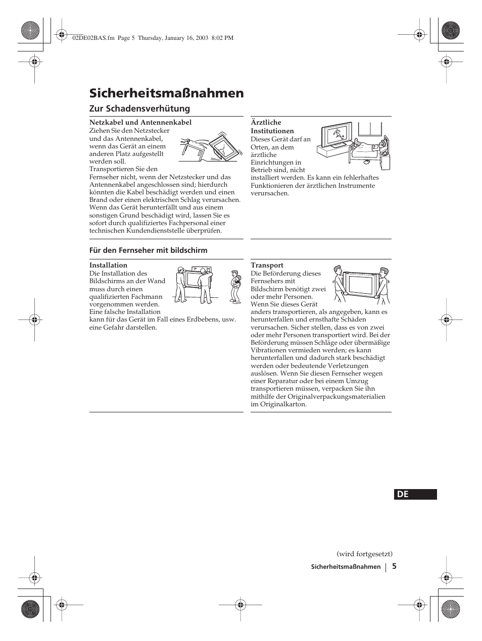 Sicherheitsmaßnahmen | Sony WEGA KLV-30MR1 User Manual | Page 81 / 304
