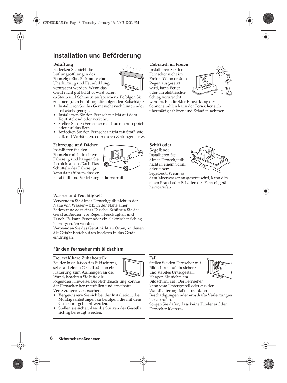 Installation und beförderung | Sony WEGA KLV-30MR1 User Manual | Page 82 / 304