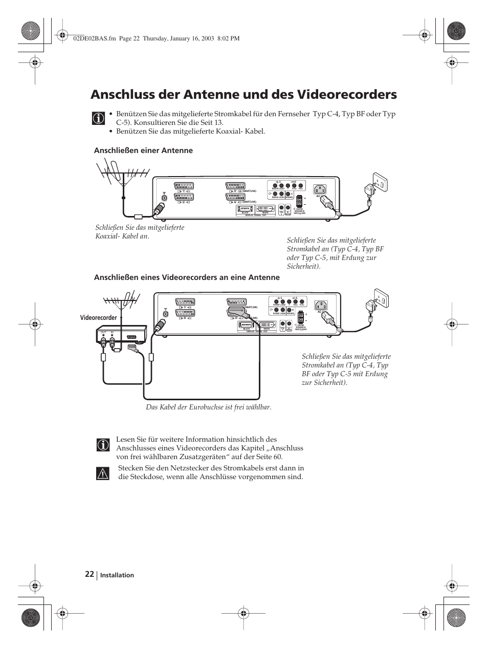 Anschluss der antenne und des videorecorders, Videorecorder | Sony WEGA KLV-30MR1 User Manual | Page 98 / 304