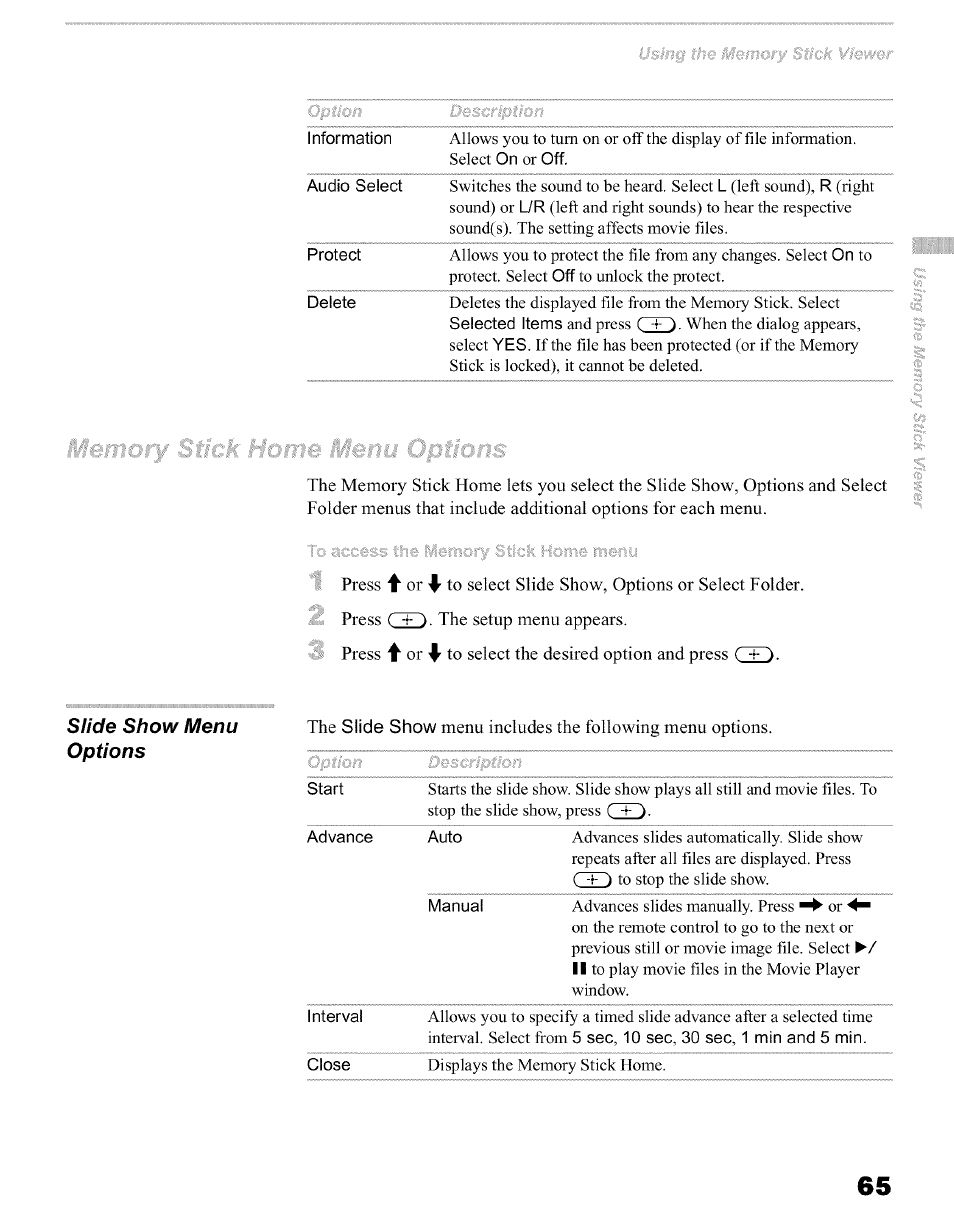 Sfcii hijitre ma/u, Mmnory, Optk}::ii;i | Slide show menu options, Menu includes the following menu options | Sony KFO50WE610 User Manual | Page 65 / 104