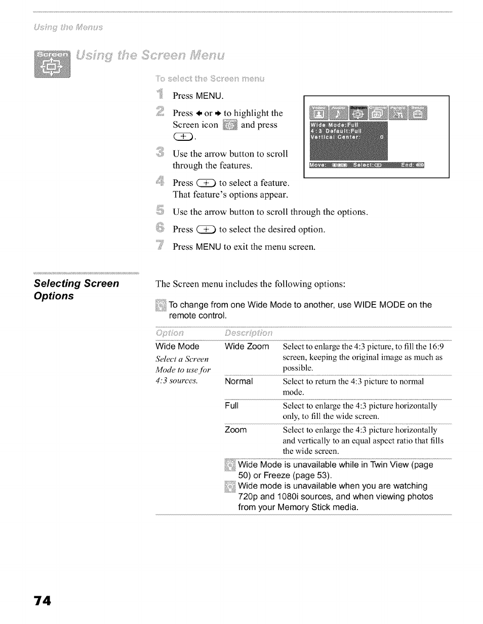 Selecting screen options, And press, The screen menu includes the following options | Sony KFO50WE610 User Manual | Page 74 / 104